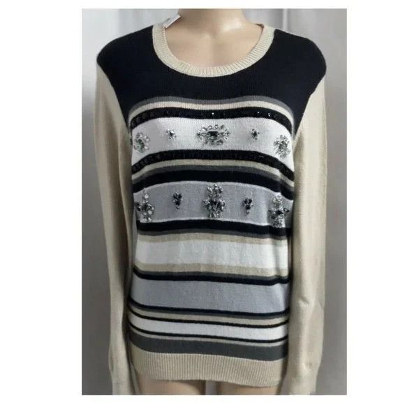 LOFT BEIGE STRIPED EMBELLISHED FRONT CAREER CASUAL TUNIC SWEATER SIZE: XL NWT - Picture 2 of 4